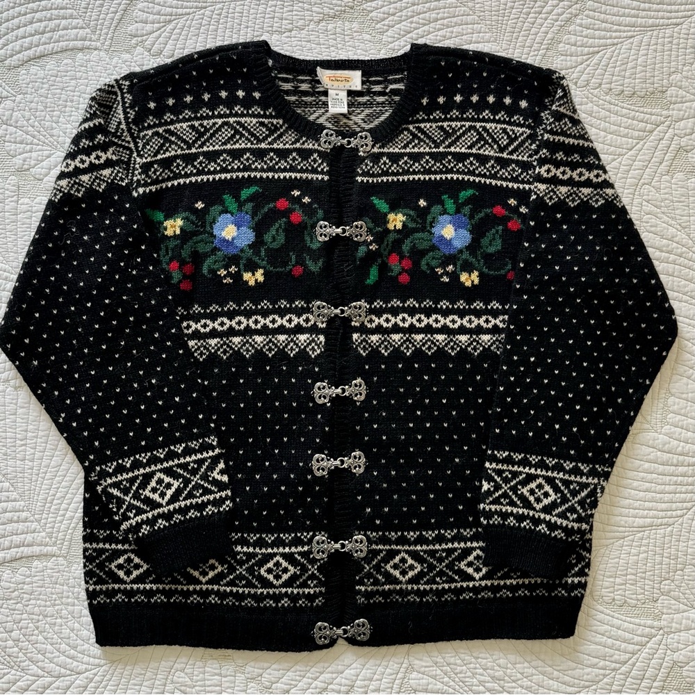 Talbots Black and White Wool Floral Cardigan- Size Petite Medium